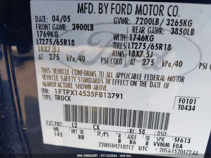 2005 Ford F-150 Fx4/Lariat/Xl/Xlt VIN: 1FTPX14535FB13791 Lot: 39862097