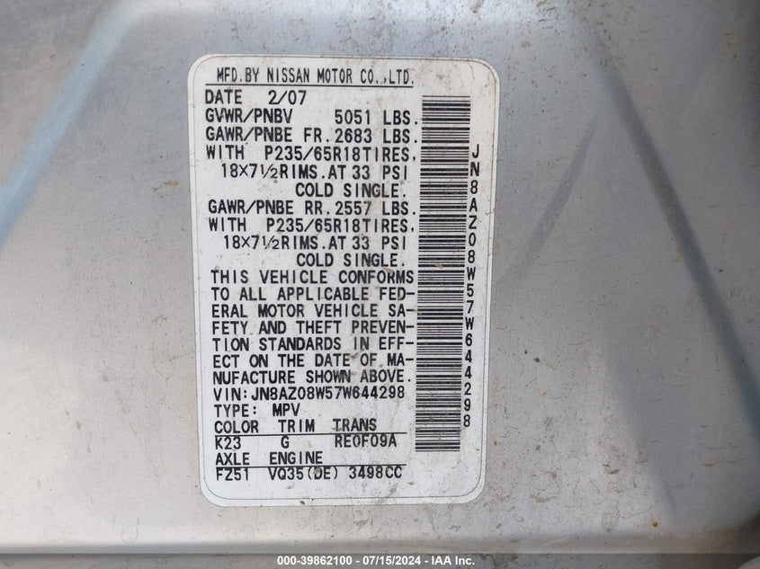 2007 Nissan Murano S VIN: JN8AZ08W57W644298 Lot: 39862100