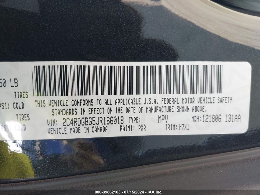 2018 Dodge Grand Caravan Se VIN: 2C4RDGBG5JR166018 Lot: 39862103