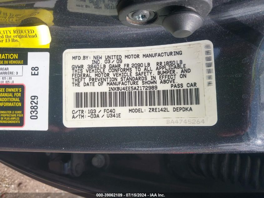 2010 Toyota Corolla Le VIN: 1NXBU4EE5AZ172989 Lot: 39862109