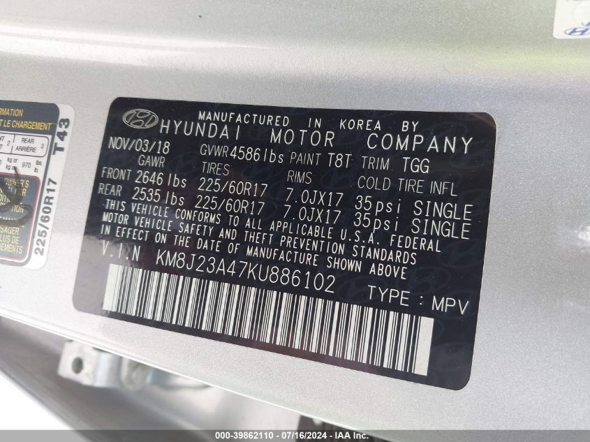 2019 Hyundai Tucson Se VIN: KM8J23A47KU886102 Lot: 39862110