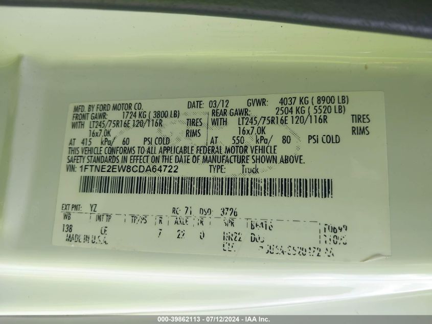 2012 Ford E-250 Commercial VIN: 1FTNE2EW8CDA64722 Lot: 39862113