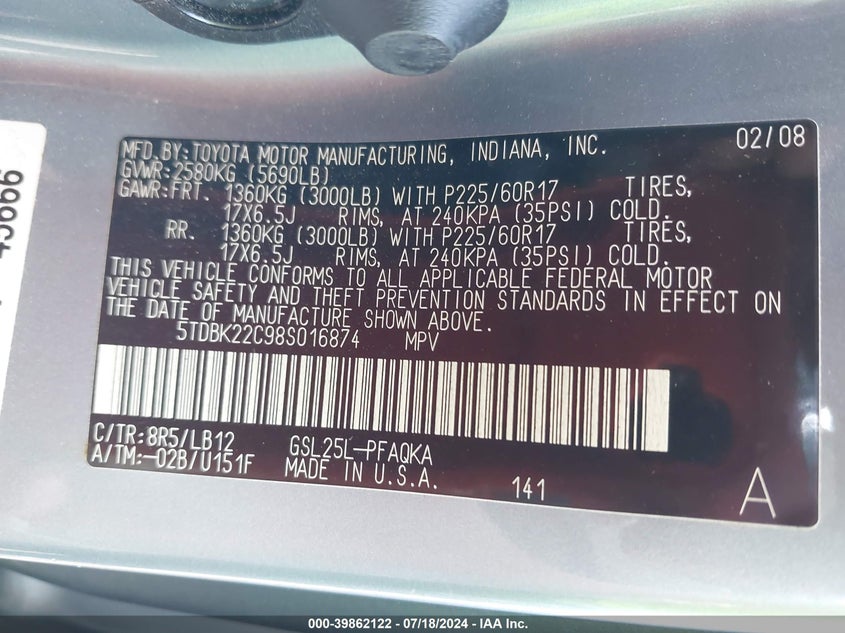 2008 Toyota Sienna Limited VIN: 5TDBK22C98S016874 Lot: 39862122