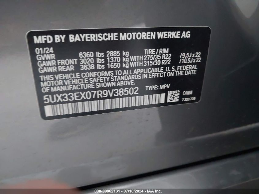 5UX33EX07R9V38502 2024 BMW X6 xDrive40I