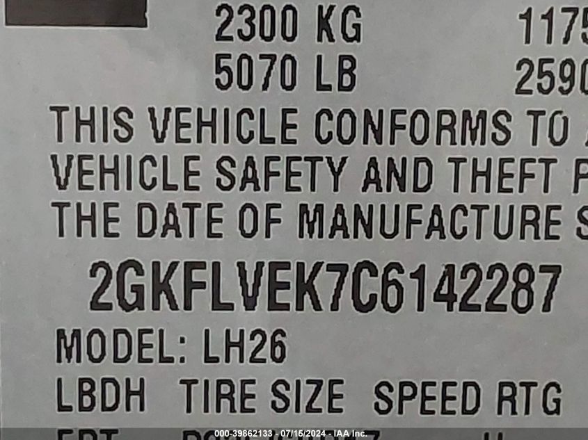 2012 GMC Terrain Slt-1 VIN: 2GKFLVEK7C6142287 Lot: 39862133