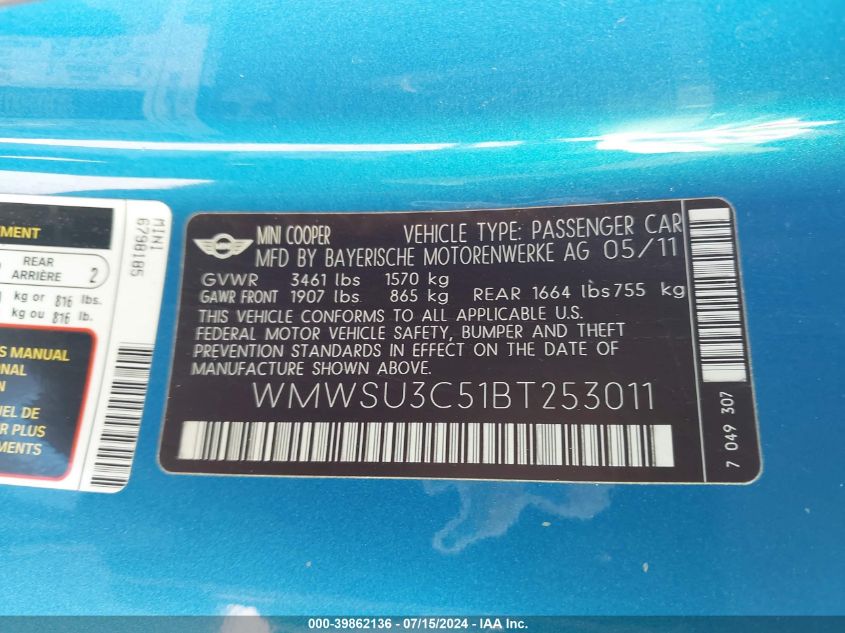 2011 Mini Cooper VIN: WMWSU3C51BT253011 Lot: 39862136