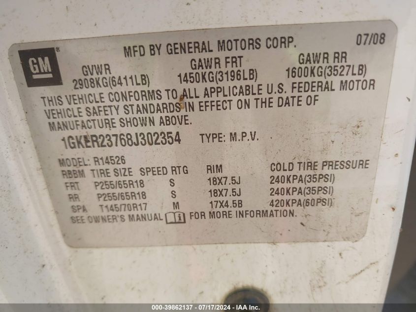 2008 GMC Acadia Slt-1 VIN: 1GKER23768J302354 Lot: 39862137