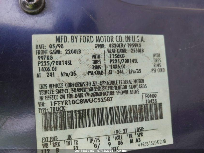 1998 Ford Ranger VIN: 1FTYR10C8WUC52587 Lot: 39862153