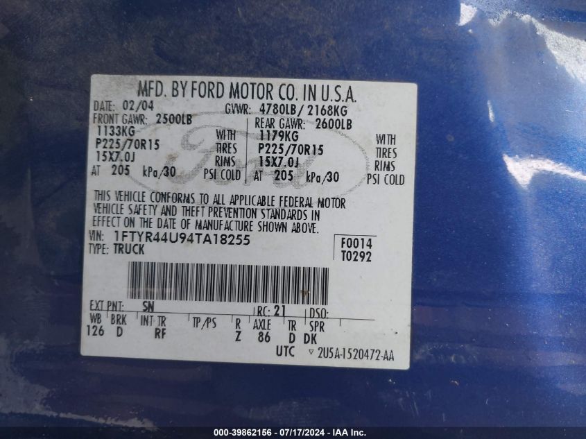 2004 Ford Ranger Edge/Tremor/Xlt VIN: 1FTYR44U94TA18255 Lot: 39862156