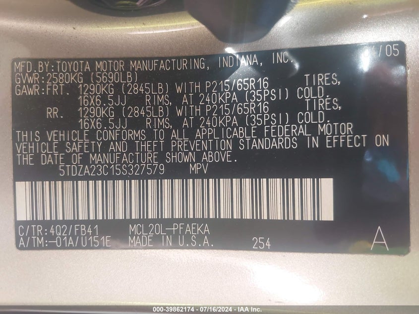 2005 Toyota Sienna Ltd VIN: 5TDZA23C15S327579 Lot: 39862174