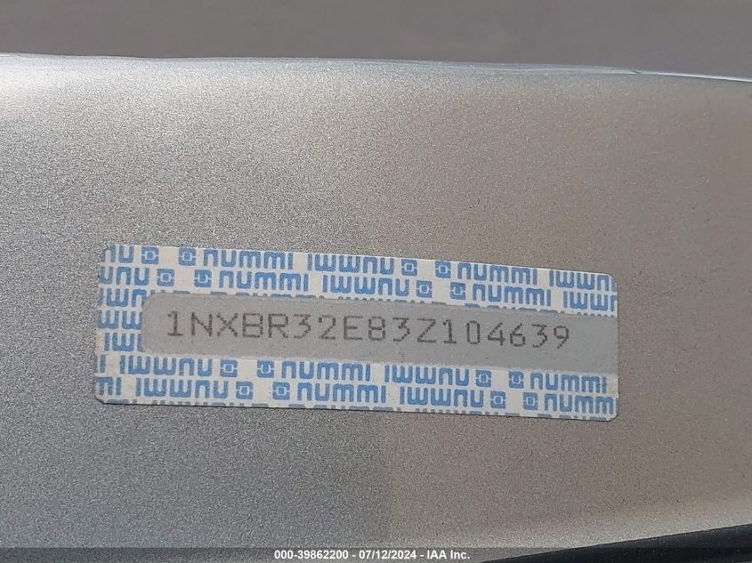 2003 Toyota Corolla Ce VIN: 1NXBR32E83Z104639 Lot: 39862200