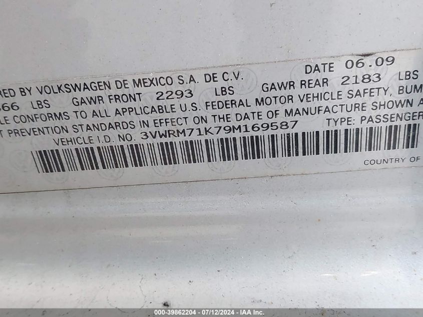 2009 Volkswagen Jetta Se VIN: 3VWRM71K79M169587 Lot: 39862204