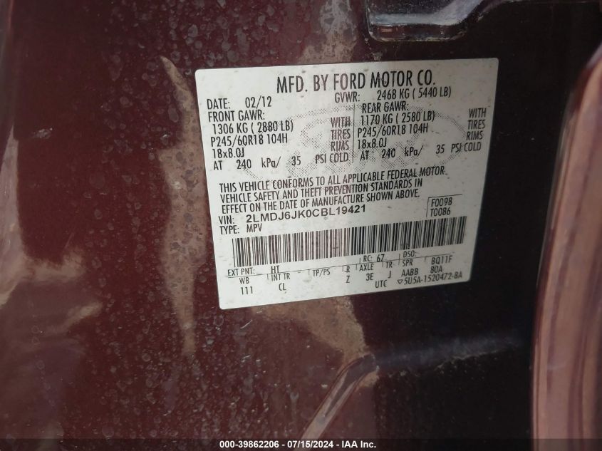 2012 Lincoln Mkx VIN: 2LMDJ6JK0CBL19421 Lot: 39862206