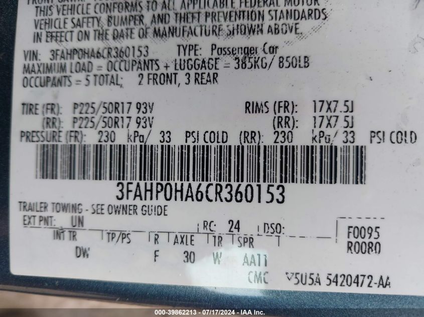 2012 Ford Fusion Se VIN: 3FAHP0HA6CR360153 Lot: 39862213