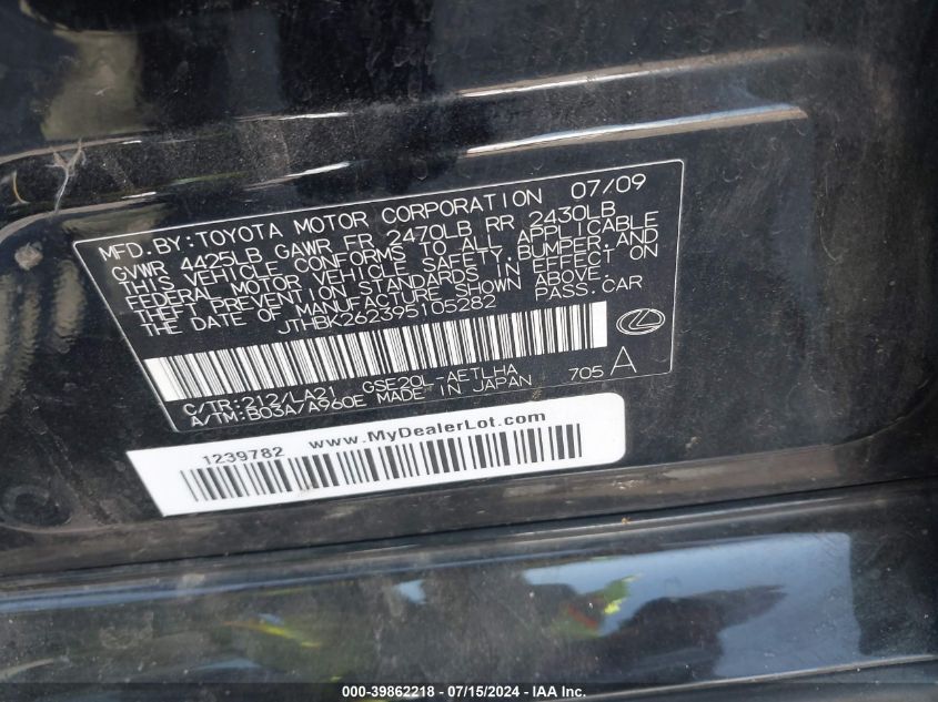 2009 Lexus Is 250 VIN: JTHBK262395105282 Lot: 39862218