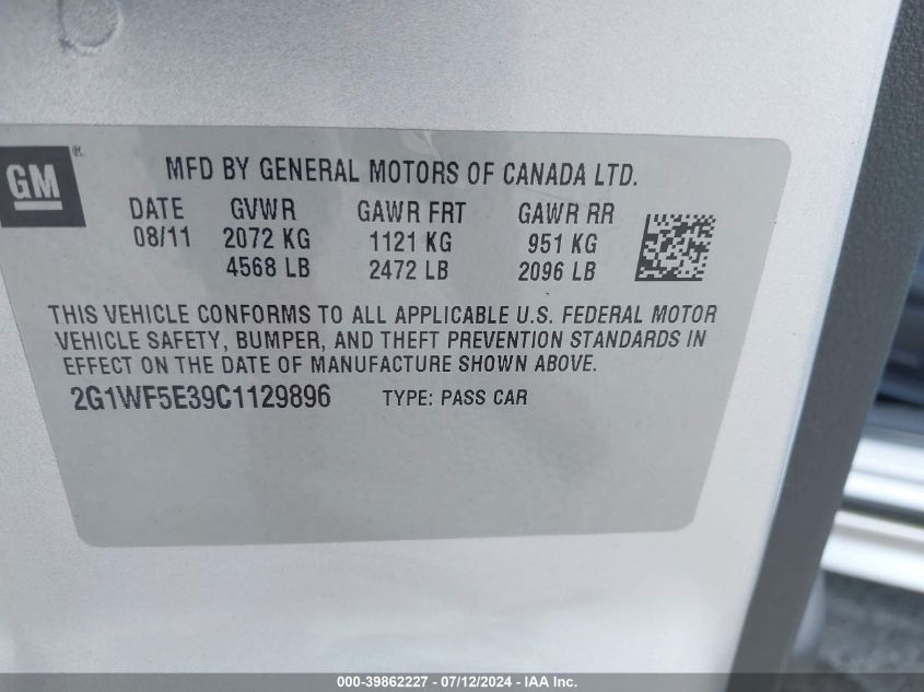 2012 Chevrolet Impala Ls VIN: 2G1WF5E39C1129896 Lot: 39862227