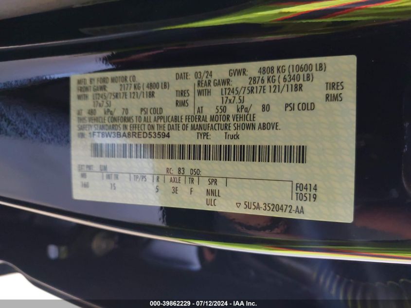2024 Ford F350 Super Duty VIN: 1FT8W3BA8RED53594 Lot: 39862229