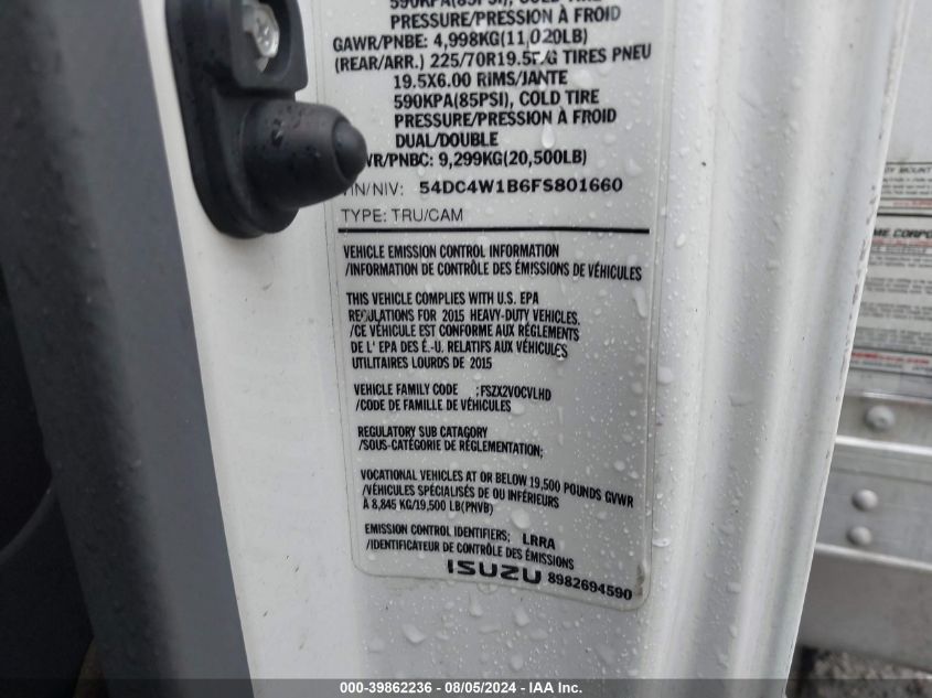2015 Isuzu Npr Hd Reg VIN: 54DC4W1B6FS801660 Lot: 39862236