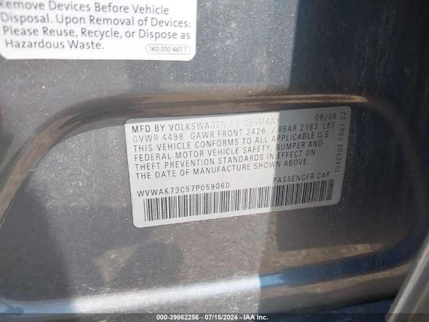 2007 Volkswagen Passat 2.0T VIN: WVWAK73C57P059060 Lot: 39862256