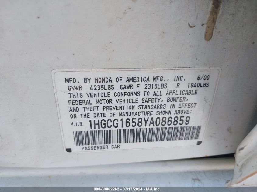 2000 Honda Accord Ex VIN: 1HGCG1658YA086859 Lot: 39862262