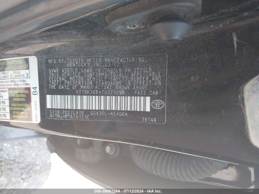 2007 Toyota Avalon Xl/Touring/Xls/Limited VIN: 4T1BK36B47U229258 Lot: 39862264