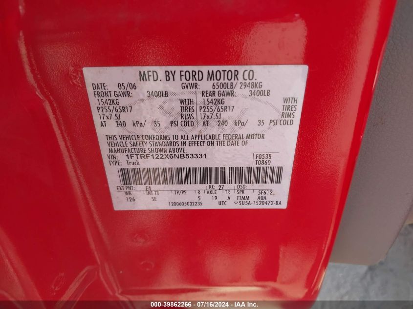 2006 Ford F-150 Stx/Xl/Xlt VIN: 1FTRF122X6NB53331 Lot: 39862266