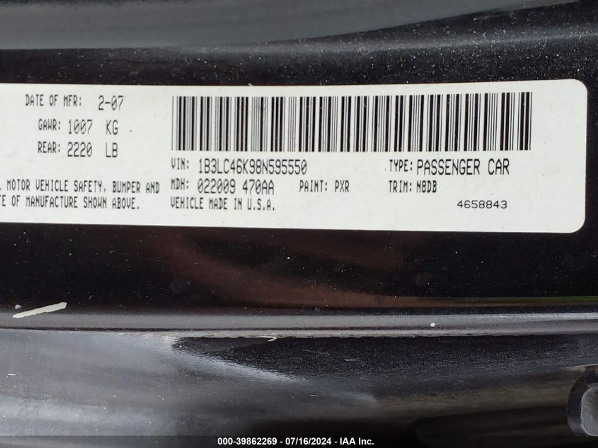 2008 Dodge Avenger Se VIN: 1B3LC46K98N595550 Lot: 39862269