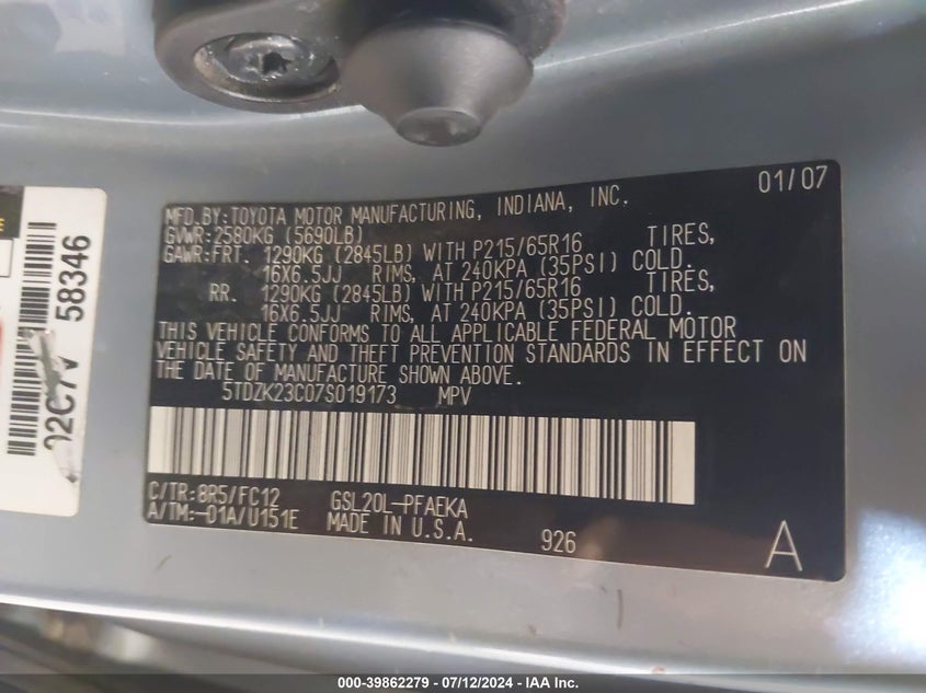 2007 Toyota Sienna Le VIN: 5TDZK23C07S019173 Lot: 39862279