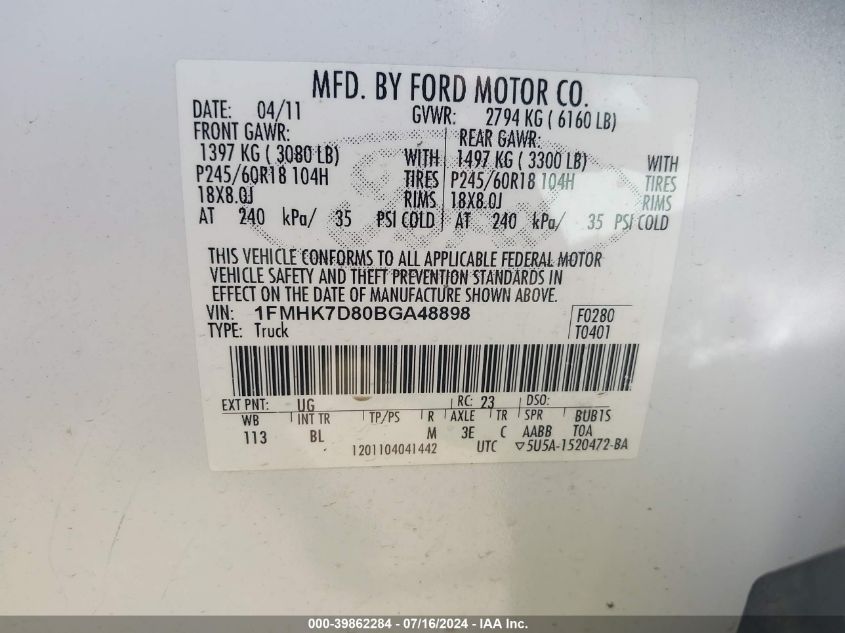 2011 Ford Explorer Xlt VIN: 1FMHK7D80BGA48898 Lot: 39862284