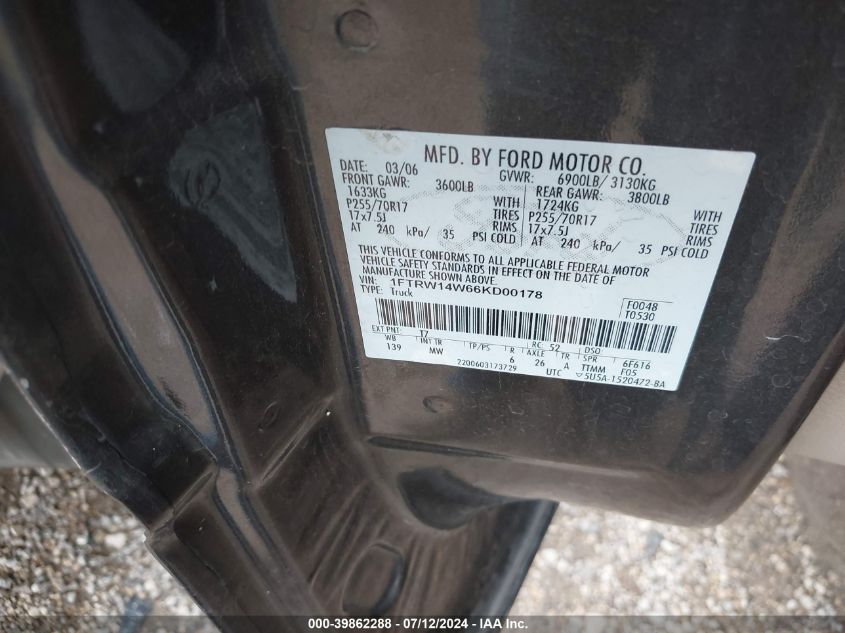 2006 Ford F-150 Xlt VIN: 1FTRW14W66KD00178 Lot: 39862288