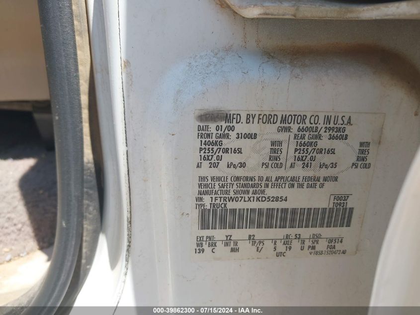 2001 Ford F-150 Harley-Davidson Edition/King Ranch Edition/Lariat/Xlt VIN: 1FTRW07LX1KD52854 Lot: 39862300