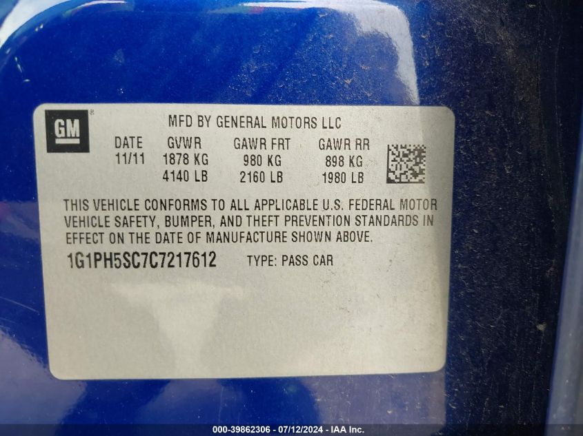 2012 Chevrolet Cruze Ltz VIN: 1G1PH5SC7C7217612 Lot: 39862306