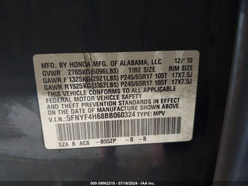 2011 Honda Pilot Exl VIN: 5FNYF4H68BB060324 Lot: 39862310