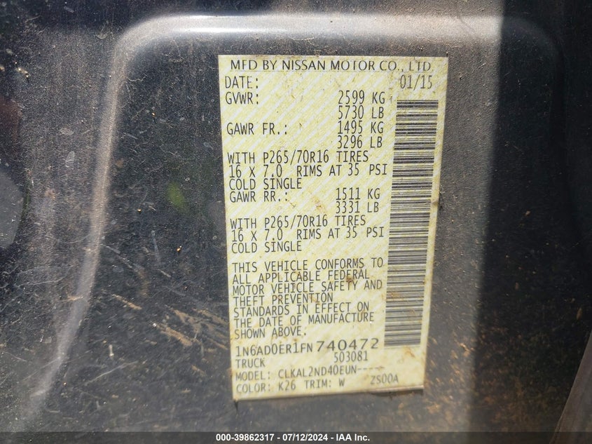 2015 NISSAN FRONTIER DESERT RUNNER/S/SL/SV - 1N6AD0ER1FN740472