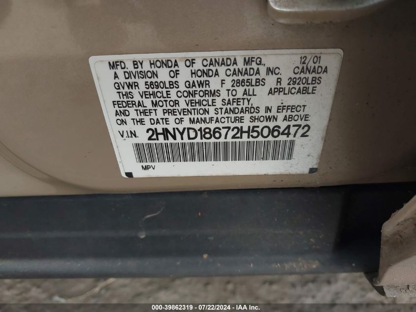 2002 Acura Mdx VIN: 2HNYD18672H506472 Lot: 39862319