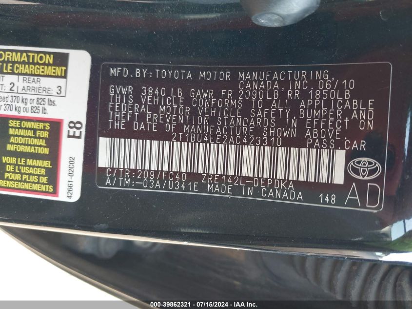 2010 Toyota Corolla Le VIN: 2T1BU4EE2AC423310 Lot: 39862321