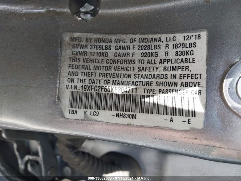 2019 Honda Civic Lx VIN: 19XFC2F66KE204711 Lot: 39862338