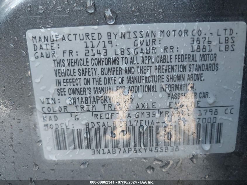 2019 Nissan Sentra S VIN: 3N1AB7AP8KY455838 Lot: 39862341
