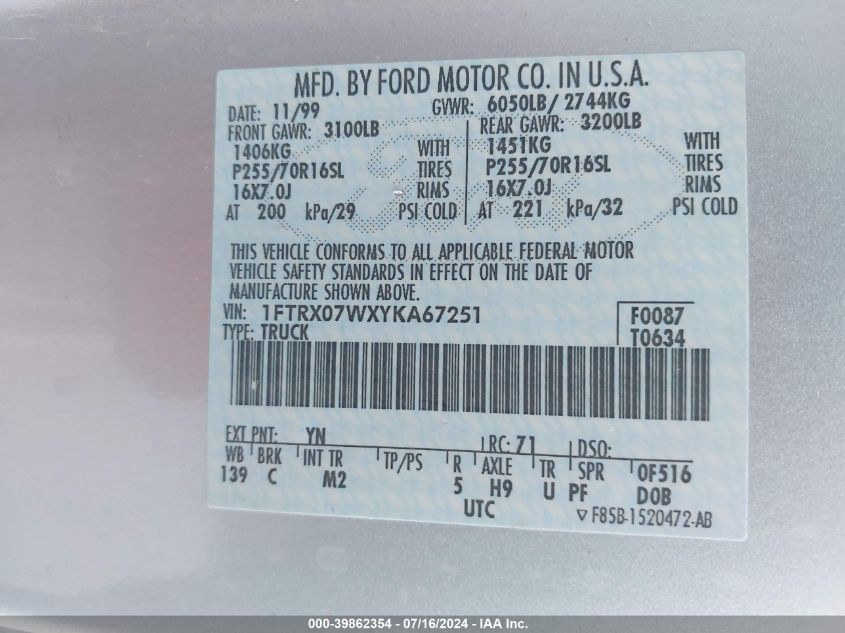 2000 Ford F-150 Lariat/Xl/Xlt VIN: 1FTRX07WXYKA67251 Lot: 39862354