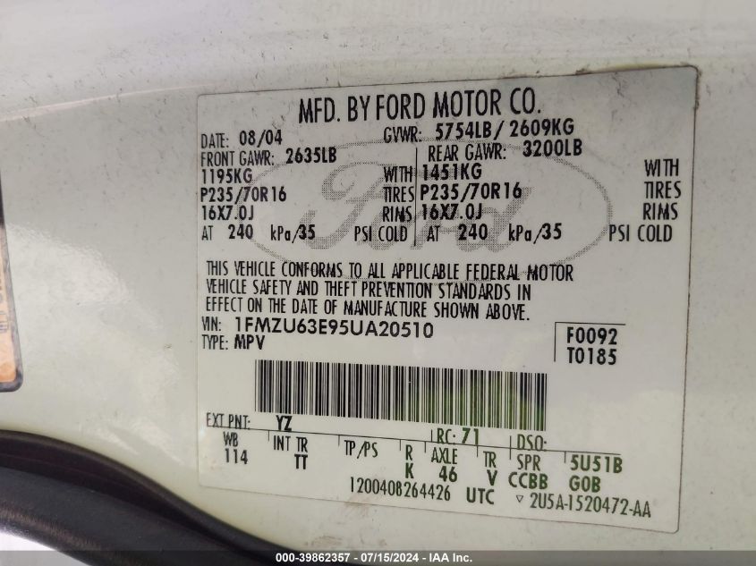 2005 Ford Explorer Xlt/Xlt Sport VIN: 1FMZU63E95UA20510 Lot: 39862357