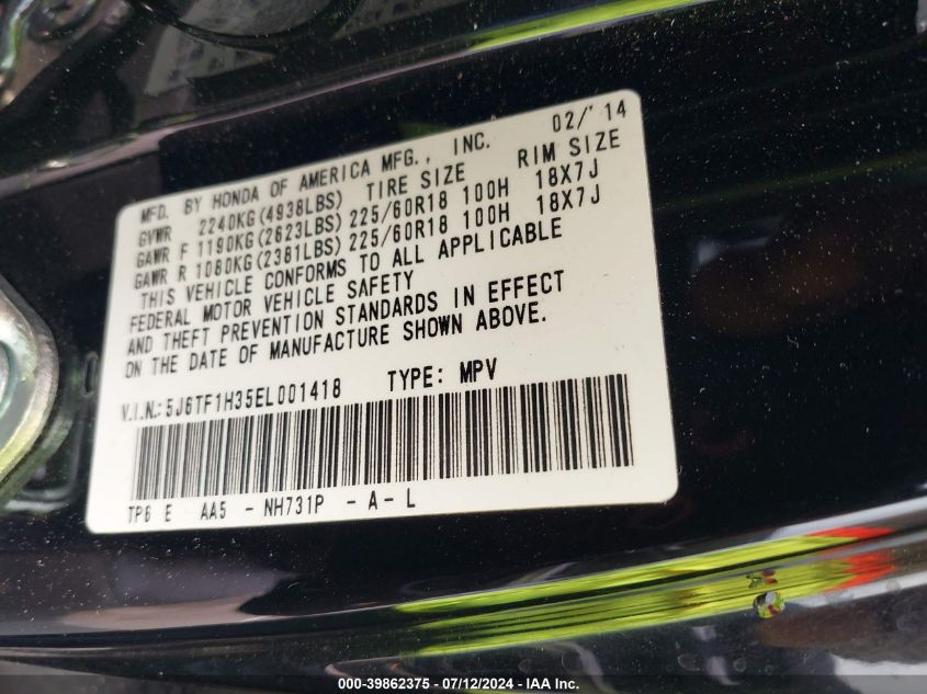 2014 Honda Crosstour Ex V6 VIN: 5J6TF1H35EL001418 Lot: 39862375