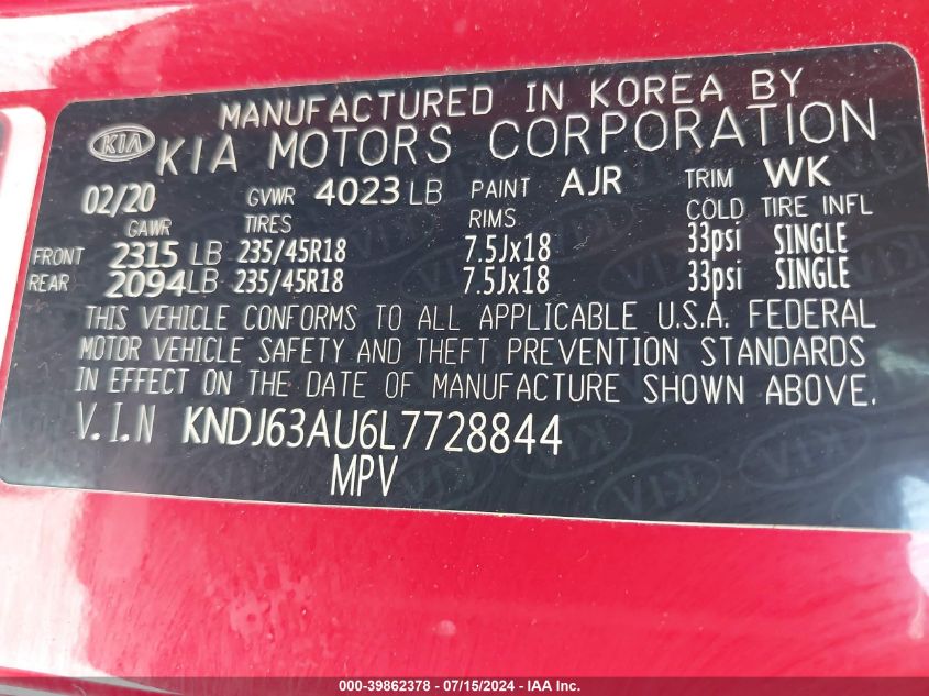 2020 Kia Soul Gt-Line VIN: KNDJ63AU6L7728844 Lot: 39862378