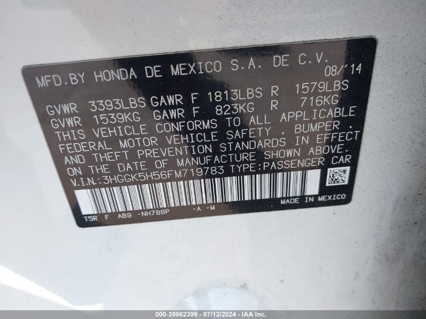 2015 Honda Fit Lx VIN: 3HGGK5H56FM719783 Lot: 39862399