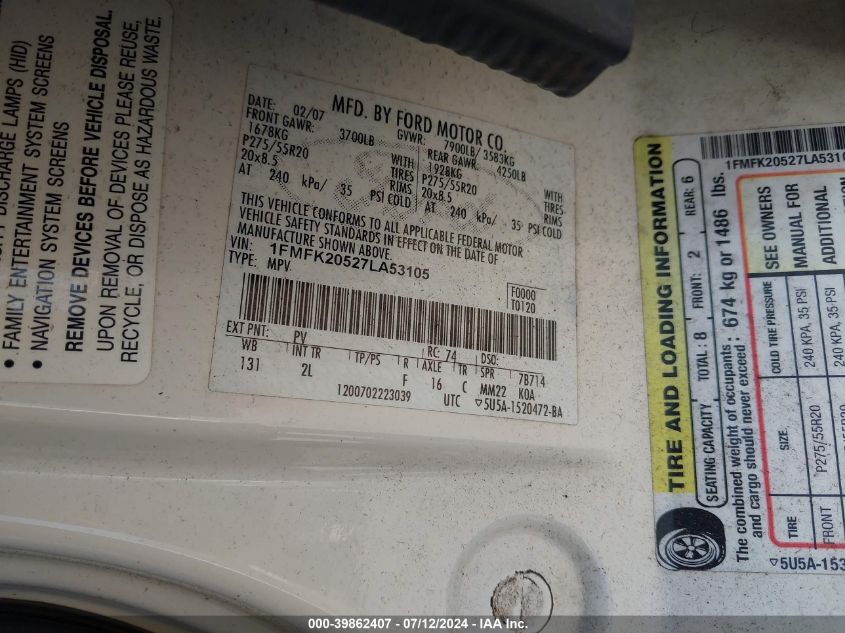 2007 Ford Expedition El Limited VIN: 1FMFK20527LA53105 Lot: 39862407