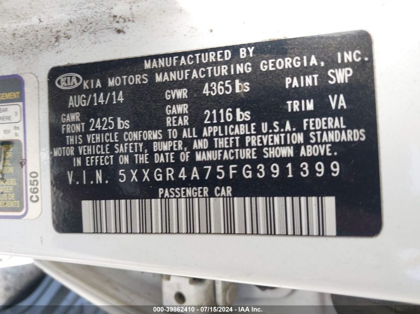 2015 Kia Optima Sx VIN: 5XXGR4A75FG391399 Lot: 39862410