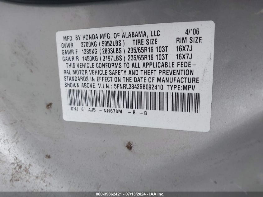 2006 Honda Odyssey Ex VIN: 5FNRL38426B092410 Lot: 39862421