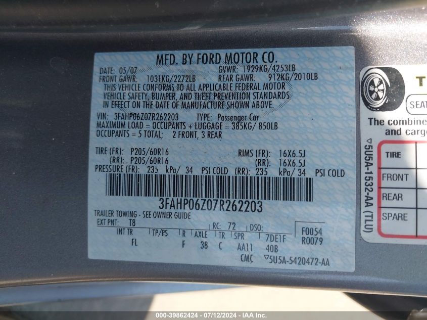 2007 Ford Fusion S VIN: 3FAHP06Z07R262203 Lot: 39862424