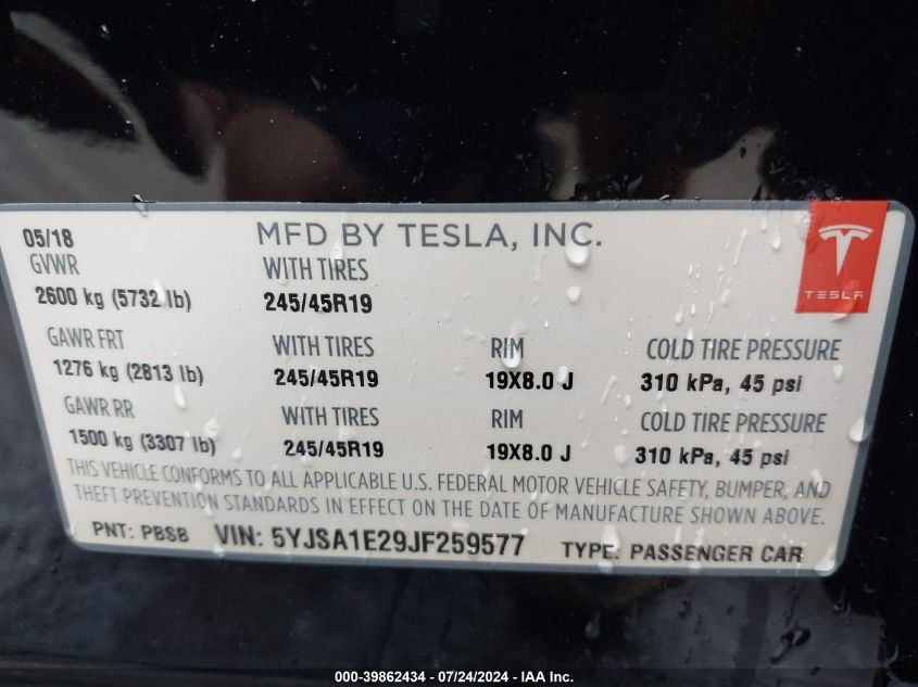 2018 Tesla Model S 100D/75D/P100D VIN: 5YJSA1E29JF259577 Lot: 39862434