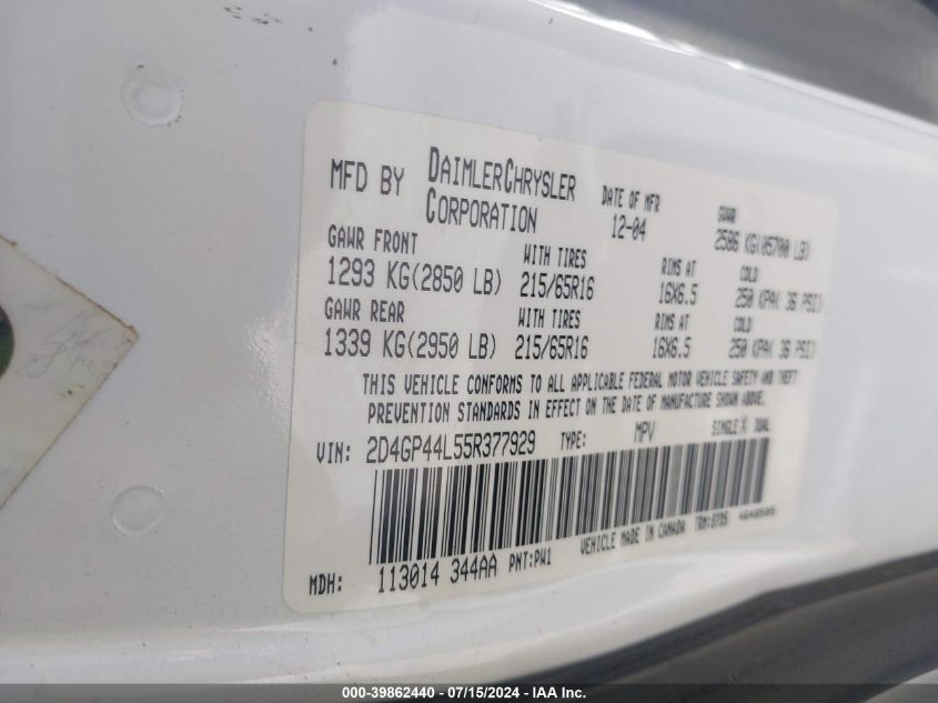 2005 Dodge Grand Caravan Sxt VIN: 2D4GP44L55R377929 Lot: 39862440