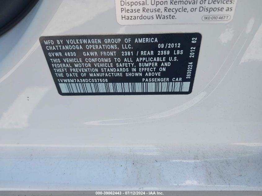 2013 Volkswagen Passat Se VIN: 1VWBM7A36DC037506 Lot: 39862443